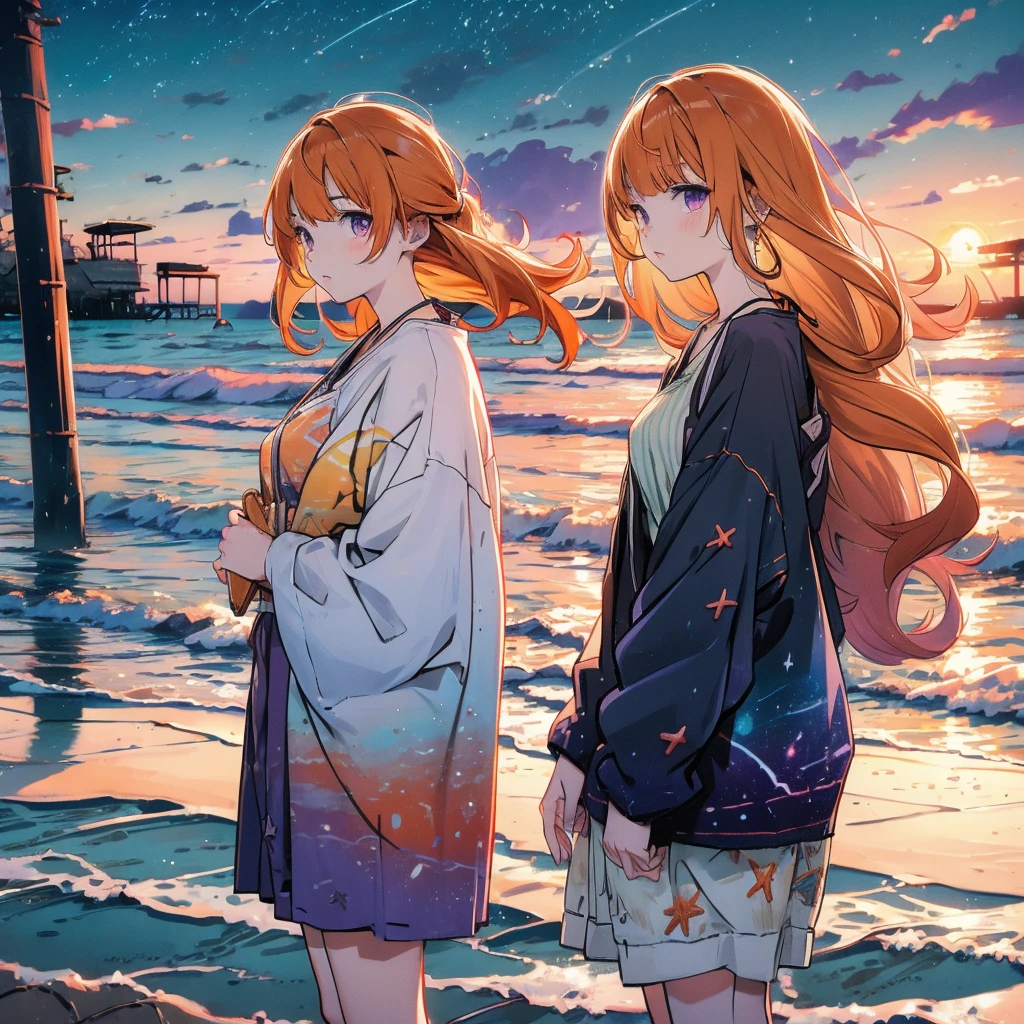 Sky , (Night:1.5), (galaxy:1.2), anime girl On the left,Orange hair, purple eyes,(Beach:1.5)