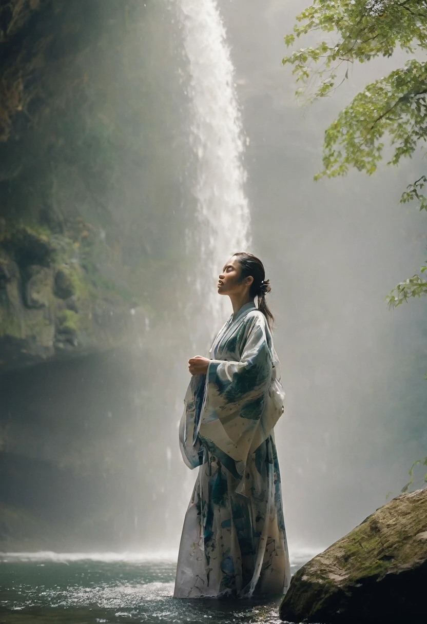Illustrate a woman undergoing spiritual training by standing under a waterfall, her wet kimono clinging to her body and revealing her translucent skin. Most beautiful face and voluptuous and hourglass body.Capture the serene and introspective atmosphere of the scene, with the woman's closed eyes and serene expression conveying her deep focus and dedication to her mental and physical discipline. Use a muted color palette to enhance the tranquility of the surroundings, with the waterfall cascading down from a rocky cliff and the surrounding foliage adding a sense of natural beauty and isolation. Pay attention to the details of the woman's wet kimono, with its intricate patterns and folds, as well as the gentle play of light and shadow on her skin. Depict the water droplets falling from her hair and the mist rising from the water, creating a sense of movement and energy in the image. Overall, create an image that represents the transformative power of nature and the inner strength of the woman undergoing her spiritual journey.