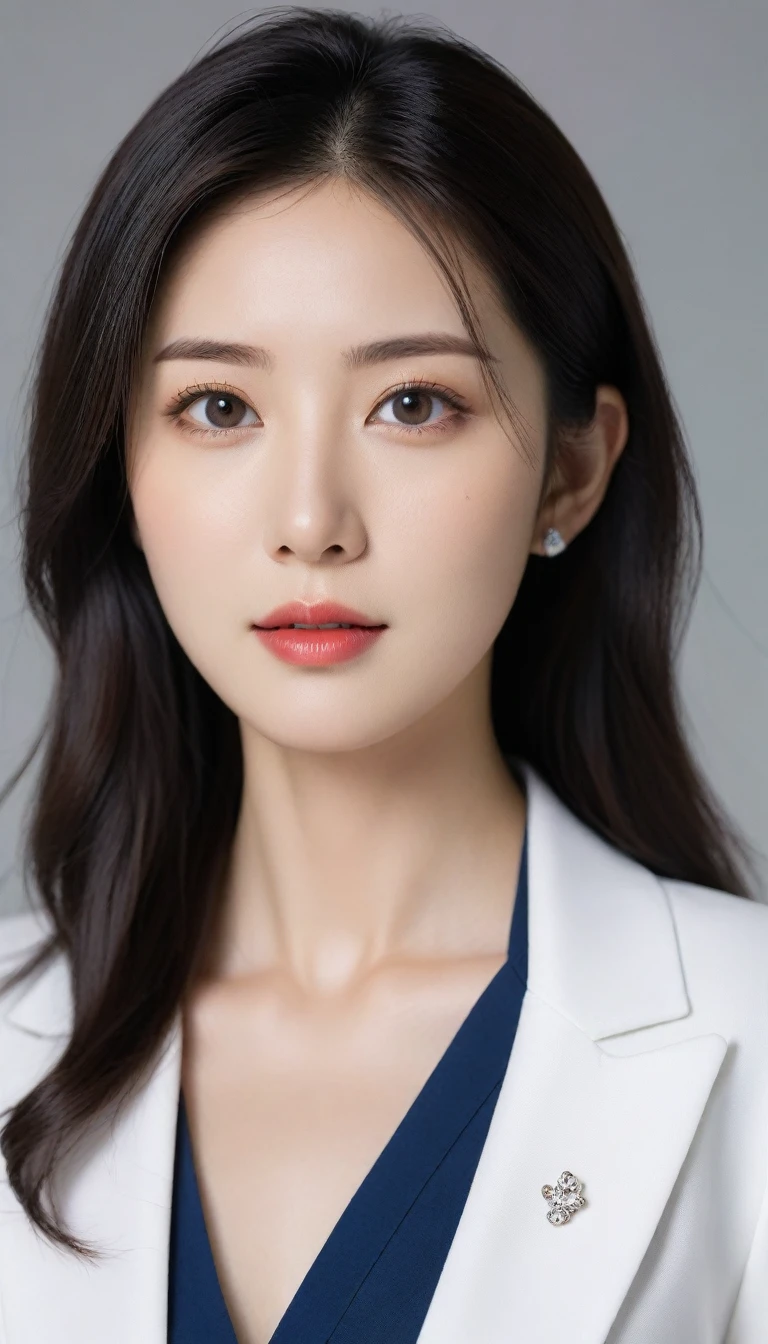 8k, ultra high resolution, best quality, masterpiece, 三分割法によるpicture,surreal, picture, 1 girl,LD:1.3), Pretty Woman, Cute face, Beautiful Eyes in Every Detail, 細かくdetailedに,masterpiece,one girl:1.2, Japanese female announcer,tabletop,glaring,black hair,hair pulled back,Blazer Uniform,White collar blouse,The buttons on the chest are open..,sharp focus、Complete dynamic configuration、Beautiful and detailed、thin hair、Detailed, real skin texture、laugh、클로즈업 portrait、model body type,Looking at the audience、beauty,long neck、(((ideal body type))), one cup :2,、portrait:2、complete anatomy、なdetailed、detailed、surreal、light and shadow,strong light