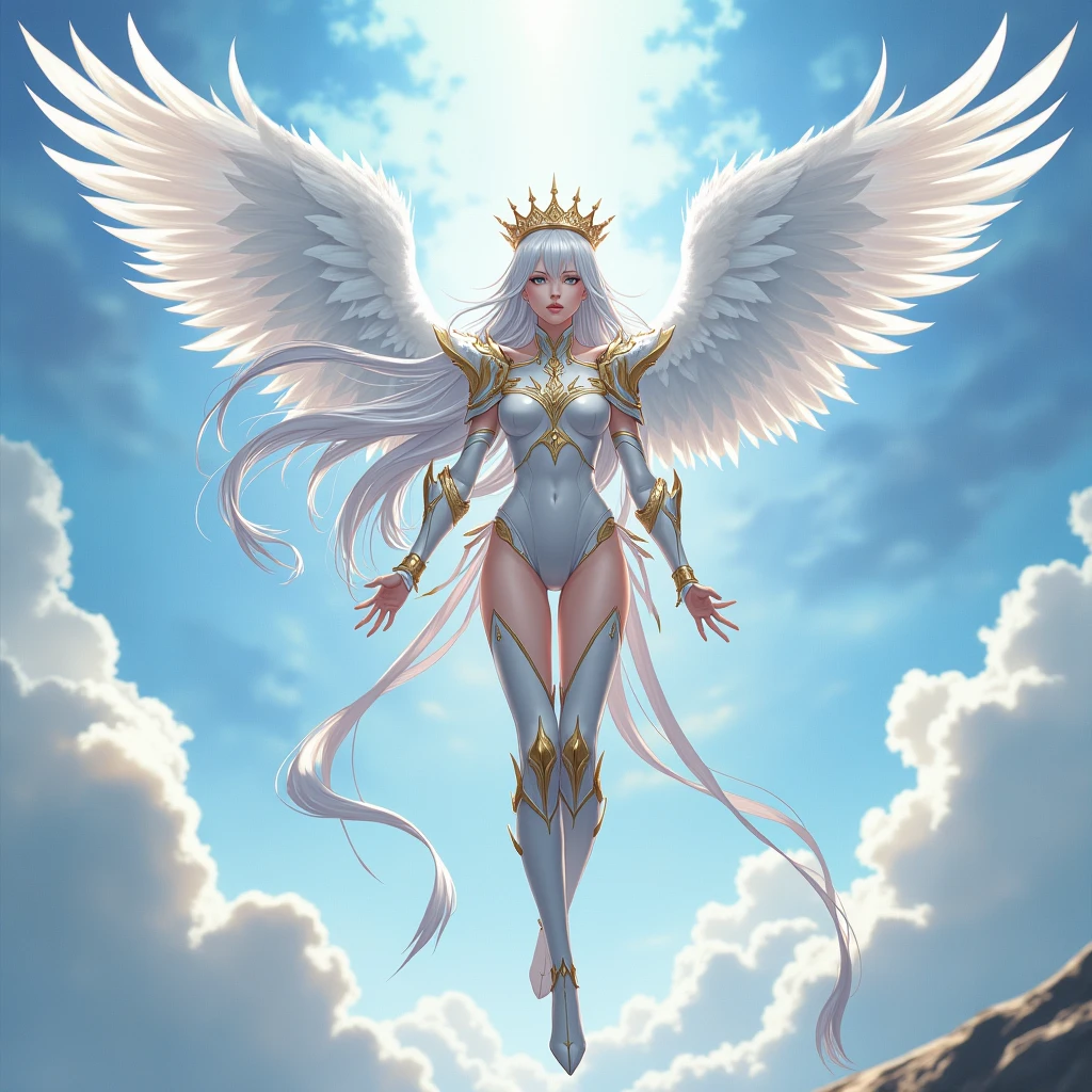 A tall women with silver-white hair and calm grey eyes, she wore a crown her face tantalizing, with wings extended from her back, she looks like goddess that has descended from the heavens, her presence seems to illuminate the world, she Was clad in white and gold Armor, her wings were pure like she doesn't belong in the mortal worldMasterpiece, Anatomically Correct, Accurate, High Resolution, Best Quality, Detail, High Details, Quality, Super Detailed, UHD, Anime Style, Anime, She was descending from the sky with a slender figure and long legs which all just made her beauty even more mesmerizing, anyone who could see her would instantly fall in love with her beautiful faceAnatomically Correct, her armour was full bodies and her crown made her look like a queen of Heavenly Realm