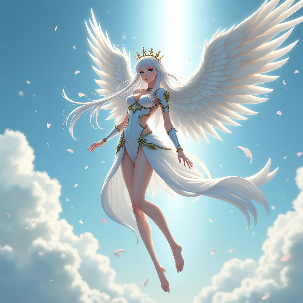 A tall women with silver-white hair and calm grey eyes, she wore a crown her face tantalizing, with wings extended from her back, she looks like goddess that has descended from the heavens, her presence seems to illuminate the world, she Was clad in white and gold Armor, her wings were pure like she doesn't belong in the mortal worldMasterpiece, Anatomically Correct, Accurate, High Resolution, Best Quality, Detail, High Details, Quality, Super Detailed, UHD, Anime Style, Anime, She was descending from the sky with a slender figure and long legs which all just made her beauty even more mesmerizing, anyone who could see her would instantly fall in love with her beautiful faceAnatomically Correct, her armour was full bodies and her crown made her look like a queen of Heavenly Realm