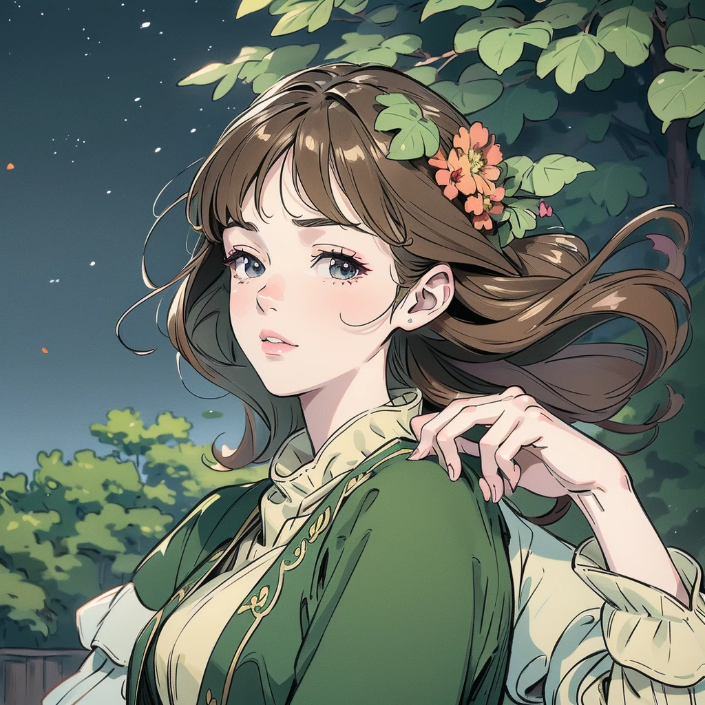 Beautiful and detailed animation, Brown Hair, One person, A walk in the park, Quiet and peaceful park scene, green々Leaf, Detailed Flowers, wood々, Beautiful night sky, Vibrant colors, (Highest quality,4K,8k,High resolution,masterpiece:1.2),Very detailed,(Realistic,photoRealistic,photo-Realistic:1.37),Detailed facial features, Beautiful Eyes, Elegant pose, Intricate details,Very far