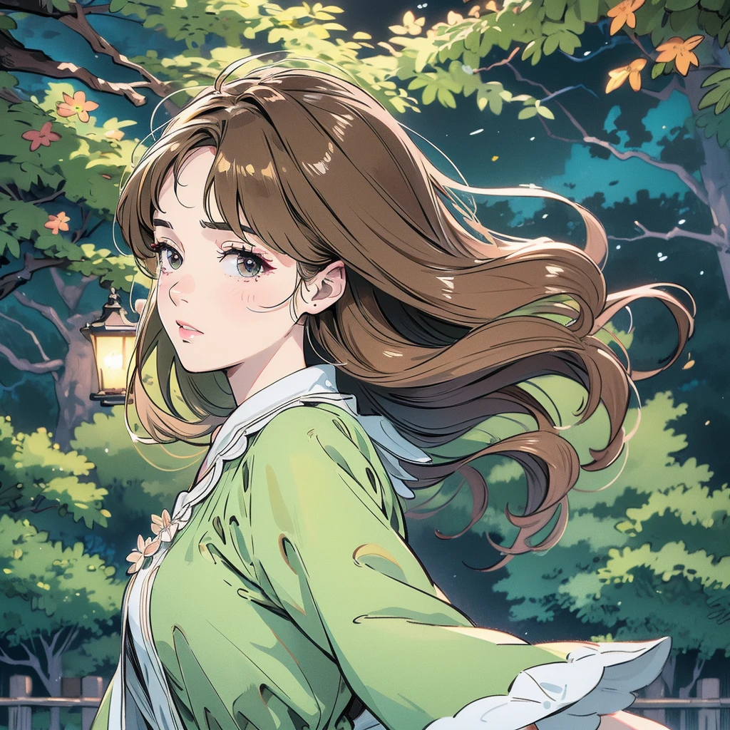 Beautiful and detailed animation, Brown Hair, One person, A walk in the park, Quiet and peaceful park scene, green々Leaf, Detailed Flowers, wood々, Beautiful night sky, Vibrant colors, (Highest quality,4K,8k,High resolution,masterpiece:1.2),Very detailed,(Realistic,photoRealistic,photo-Realistic:1.37),Detailed facial features, Beautiful Eyes, Elegant pose, Intricate details,Very far