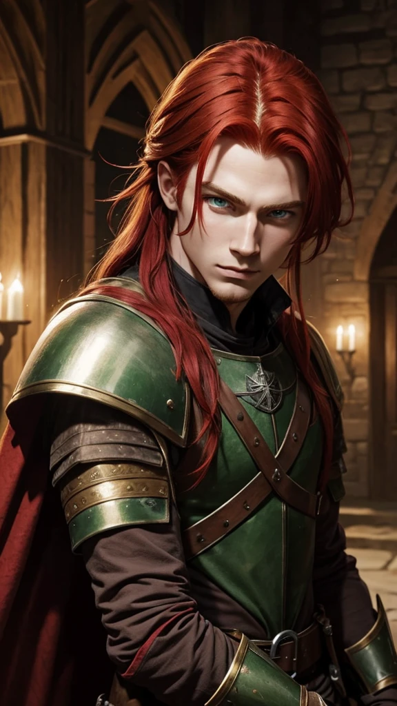 Young medieval fantasy man red hair green eyes