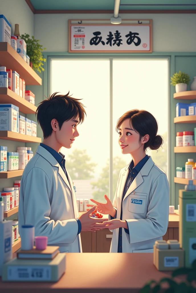 pharmacy　Inside the store　Pharmacist and customer　smile　medicine　Japanese