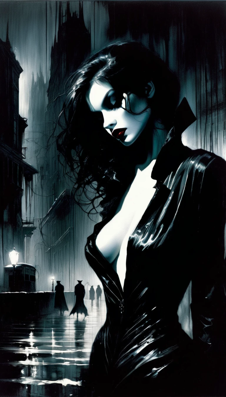 y vampire girl in the city ​​of blood, gloomy buildings, blood canals, ero sexy, blacnd white image, between shadows, oil painting, chiaroscuro, sensual, blood, dramatic lighting, moody atmosphere, photorealistic, intricate details, masterpiece, ultra-detailed, high quality, 8k, best quality, realistic, cinematic, dark and brooding, expressionistic, powerful composition, emotional impact, art inspired by Bill Sienkiewicz and Dave McKean 
