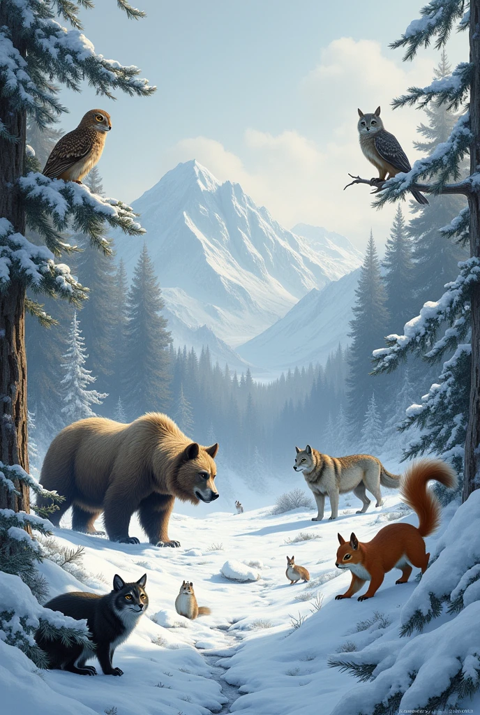 sable, hawk owl, White Owl, Lynx, Brown bear, wolf, squirrel, nutcracker, white partridge, white hare, musk ox, lemming, Siberian Husky, marten, ermine, mink.