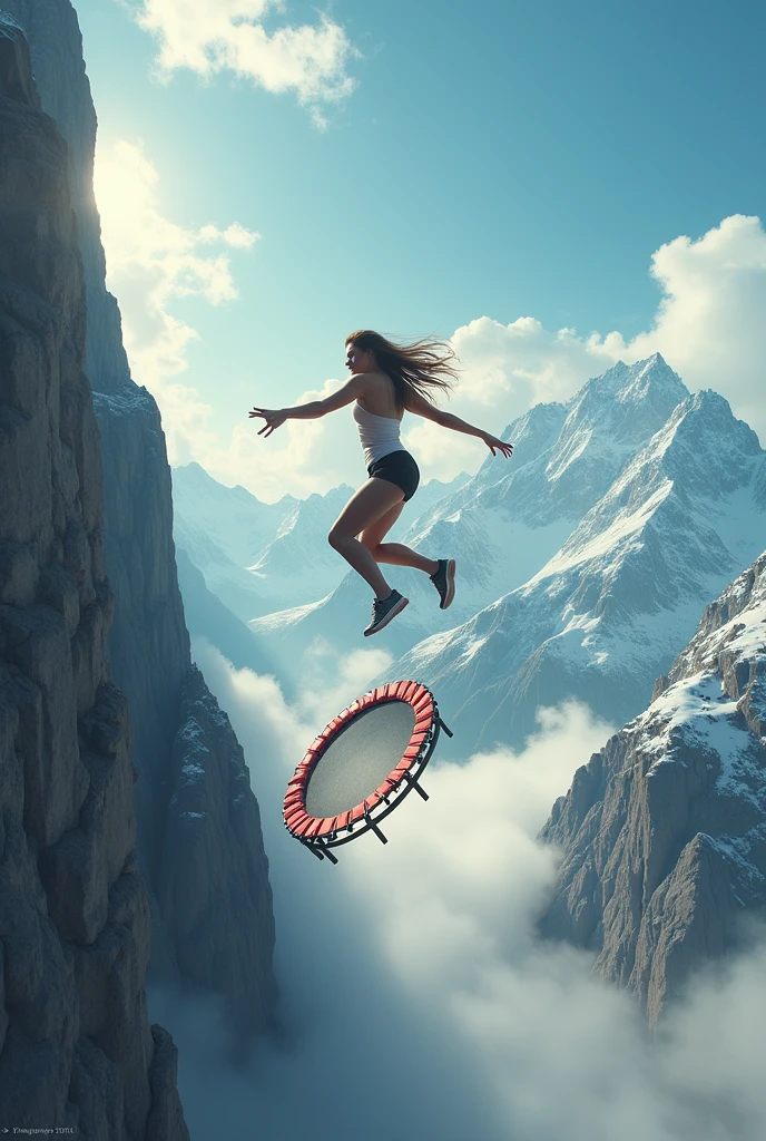 A woman falling from a mountain on a trampoline