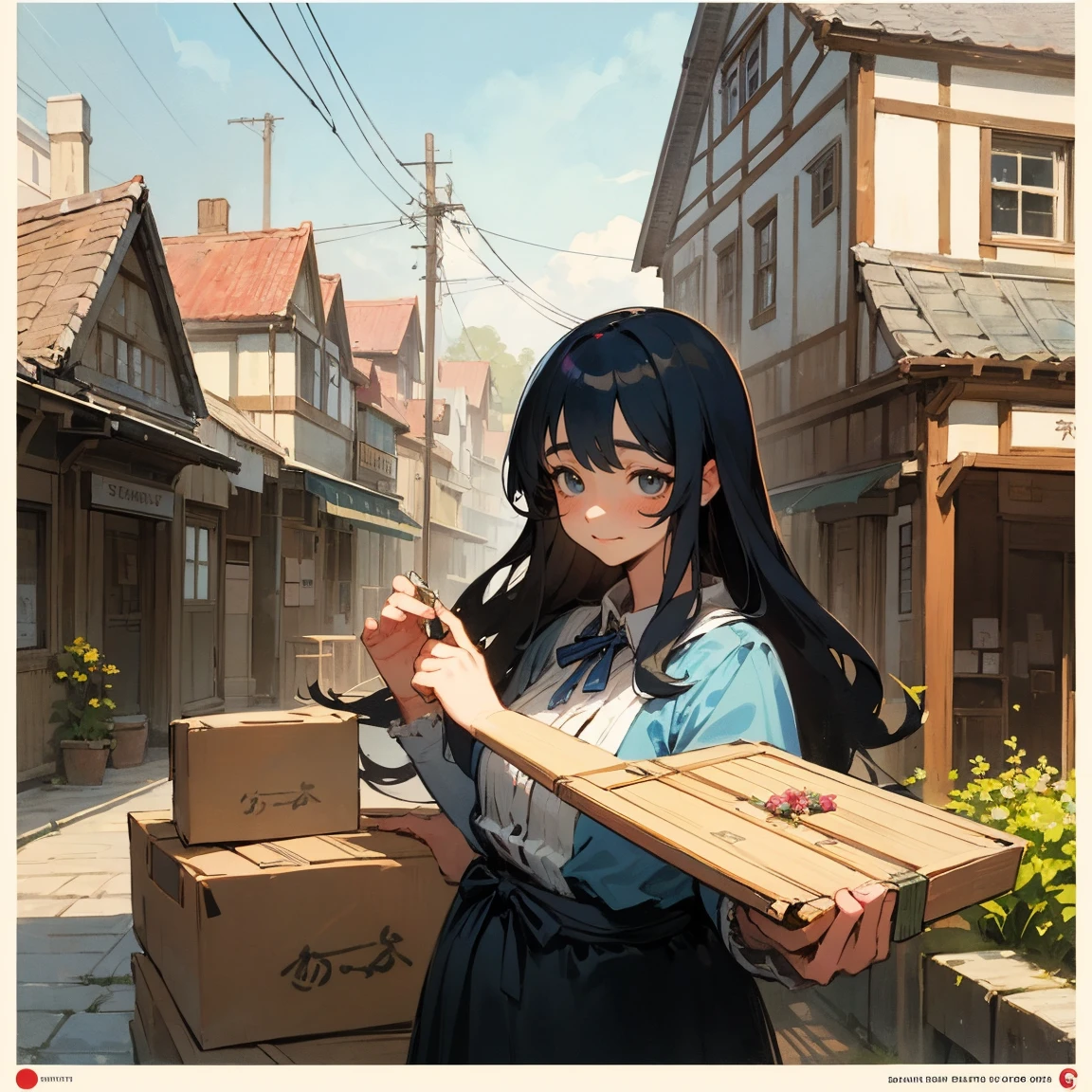 Illustrations for children's picture books,realistic, detailed illustration,A touching moment between a plump, kind-looking witch in her 40s and a  named Aya with long black hair. The witch is gently handing a beautifully decorated bento box to Aya. Despite the witch's warm smile and the magical sparkles emanating from the bento, Aya's expression remains sad and distant as she receives the box. The background suggests a quaint town setting, possibly near the bento shop, hand-painted style, digital art touch,(illustration:1.5), (Watercolor:1,2)