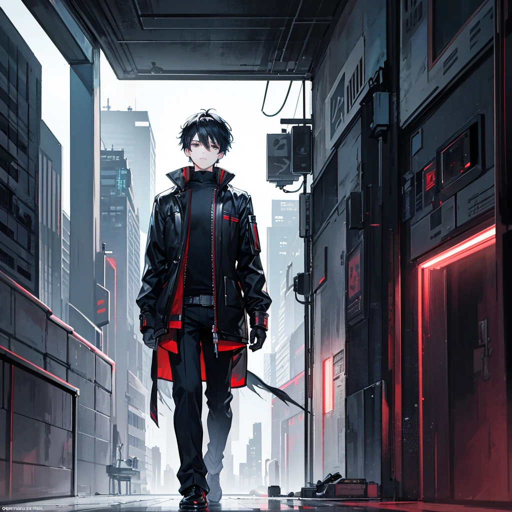 masterpiece, best quality), (Complex lighting), 1 boy,Handsome, Solitary, Complex lighting effects, black eyes, Cold and expressionless, Against the wall,Cyberpunk city background,anime boy,Bird's-eye view