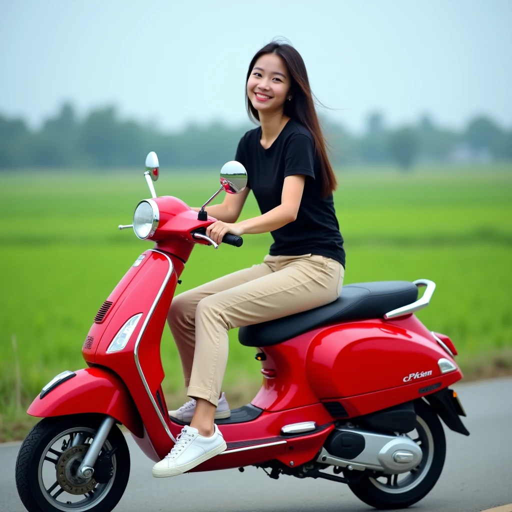 High Resolution, Masterpiece, Accurate, Best Quality, Detail, High Details, High Quality, Realistic photo. A 2 Indonesian wife, wearing a black t-shirt, a beige pants, white sneakers, long dark hair, white skin, height: 155 cm, weight: 45 kg. The image shows a young woman sitting on a red scooter on a road. She is wearing a black t-shirt, beige pants, and white sneakers. She has long dark hair and is smiling at the camera. The scooter is parked on the side of the road and there is a tree on the left side. In the background, there are fields and a clear blue sky. The overall mood of the image is happy and relaxed.