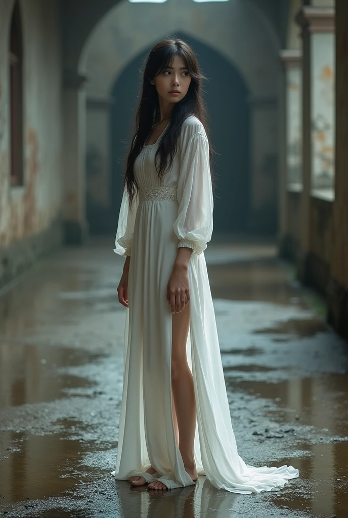 The image is a portrait of a young woman standing in a puddle of water. She is wearing a white long-sleeved dress with a high slit on the side, revealing her legs. The dress is made of a sheer fabric and has a high neckline. The woman has long dark hair and is looking off to the side with a serious expression on her face. The background is blurred, but it appears to be an old, dilapidated building with arches and pillars. The overall mood of the image is somber and contemplative.