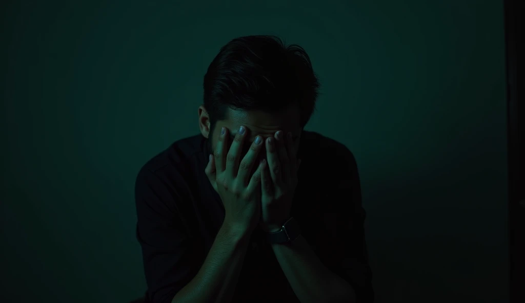 a sad man sitting alone in a dimly lit room, detailed portrait, cinematic lighting, dramatic shadows, melancholy expression, hands covering face, emotional, realistic, photorealistic, 8k, high quality, masterpiece