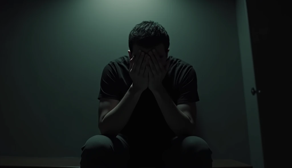 a sad man sitting alone in a dimly lit room, detailed portrait, cinematic lighting, dramatic shadows, melancholy expression, hands covering face, emotional, realistic, photorealistic, 8k, high quality, masterpiece