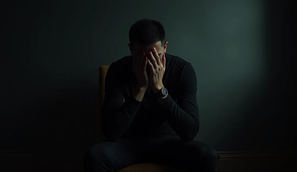 a sad man sitting alone in a dimly lit room, detailed portrait, cinematic lighting, dramatic shadows, melancholy expression, hands covering face, emotional, realistic, photorealistic, 8k, high quality, masterpiece