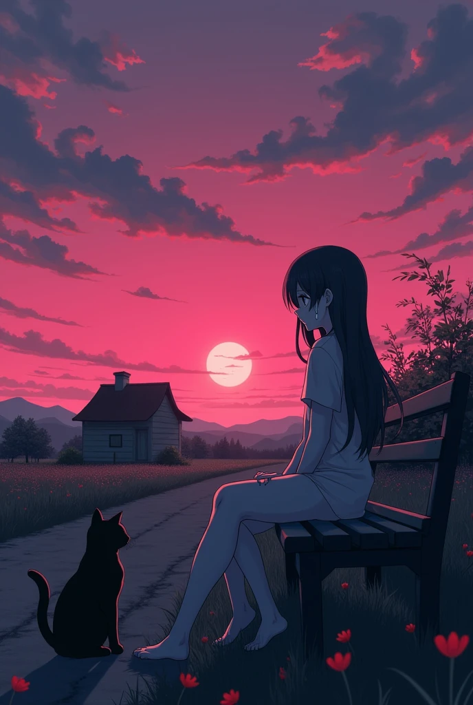 A anime character girl sitting on a bench roadside looking the sky and crying , some wood house , a cat sat, one pink sky, red flower, the field is dark ,black, the girl also colourless. Make this 16:9