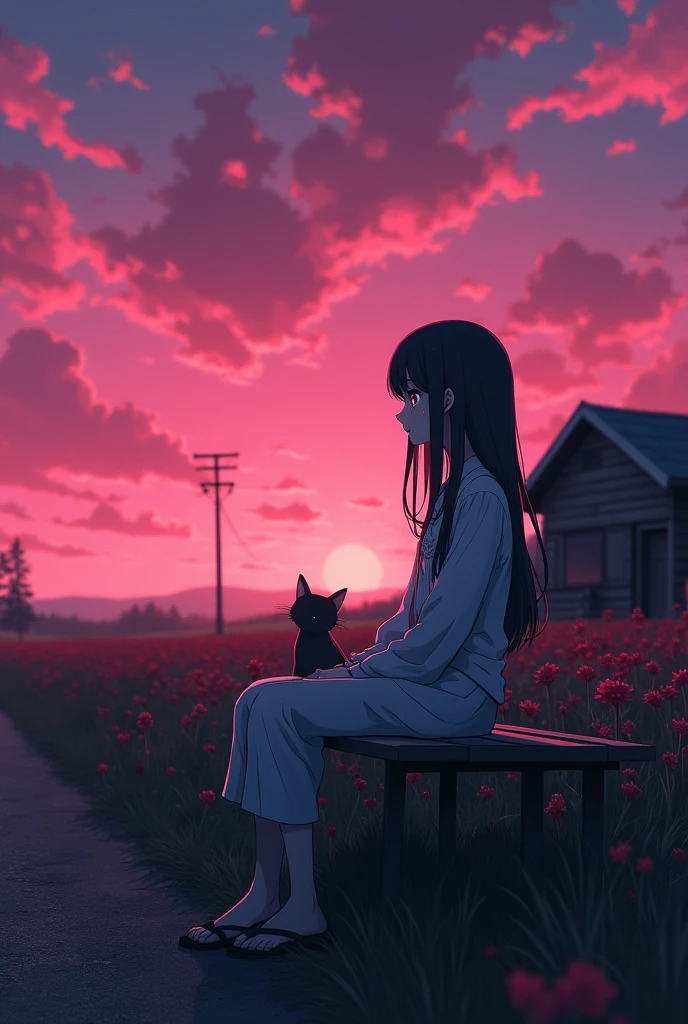 A anime character girl sitting on a bench roadside looking the sky and crying , some wood house , a cat sat, one pink sky, red flower, the field is dark ,black, the girl also colourless. Make this 16:9