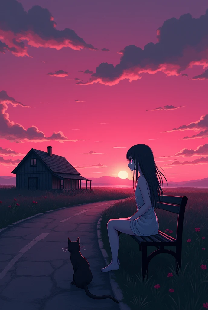 A anime character girl sitting on a bench roadside looking the sky and crying , some wood house , a cat sat, one pink sky, red flower, the field is dark ,black, the girl also colourless. Make this 16:9