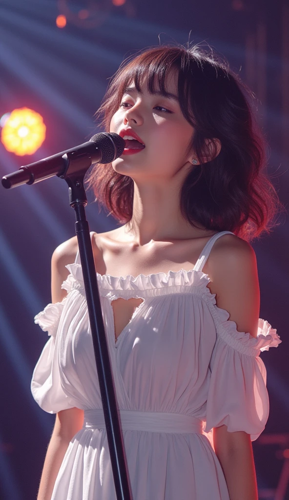 young japanese girl, star, Singing, perfect face, beautiful proportions, microphone to the mouth, one person  