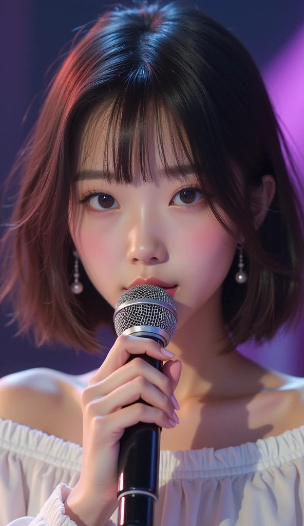 young japanese girl, star, Singing, perfect face, beautiful proportions, microphone to the mouth, one person  