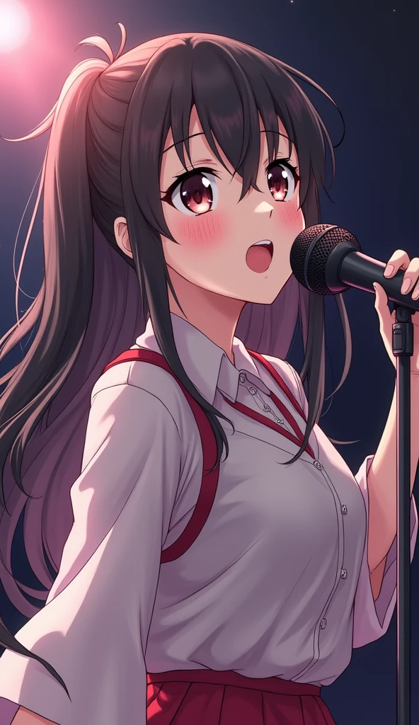 young japanese girl, star, Singing, perfect face, beautiful proportions, microphone to the mouth, one person  