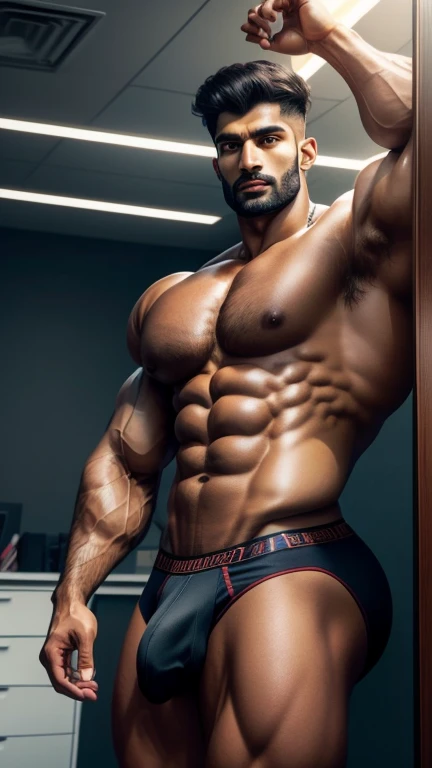 Indian tall muscular man, age 30, in office, strong bulge, seductive, hd, hdr, D750F nikon, realistic 