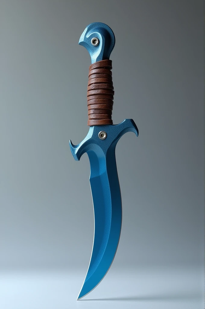 Karambit made of blue-bright titanium with a brown leather-wrapped handle, standing upright on a plain background