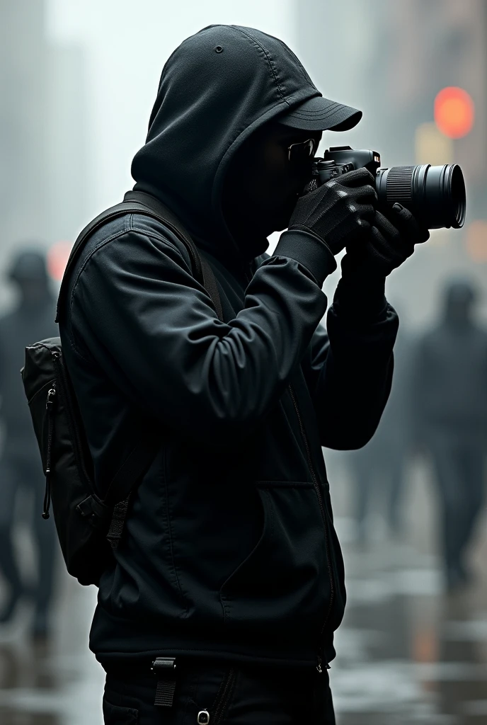 photographer wearing black tartical clothes. with cap and hoodie