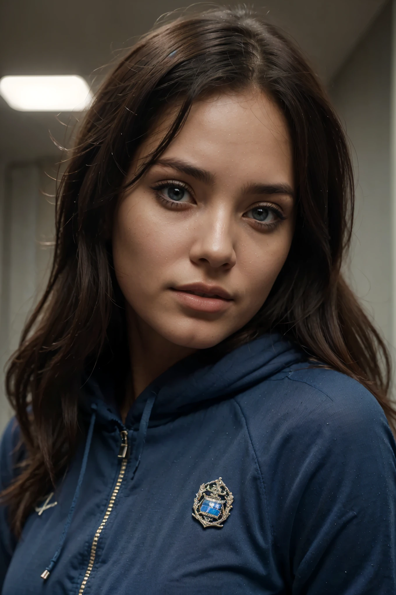 Ultra-realistic capture, Very detailed, 16k high resolution closeup of human skin. The skin texture should be natural., In such detail that the pores can be accurately identified, The skin should look healthy, In a uniform tone, Use natural light and color., realistic photo, tiro de Whole body, Whole body, depressing, For the blue (For the blue índigo)+(by the wide)+(messy hair), black hood