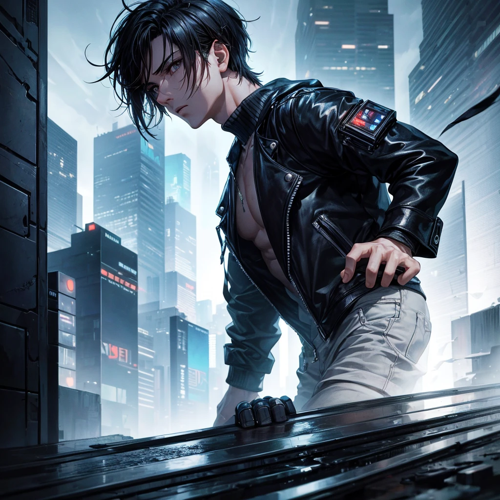 masterpiece, best quality), (Complex lighting), 1 boy,Handsome, Solitary, Complex lighting effects, black eyes, Cold and expressionless, Against the wall,Cyberpunk city background,anime boy,Bird's-eye view