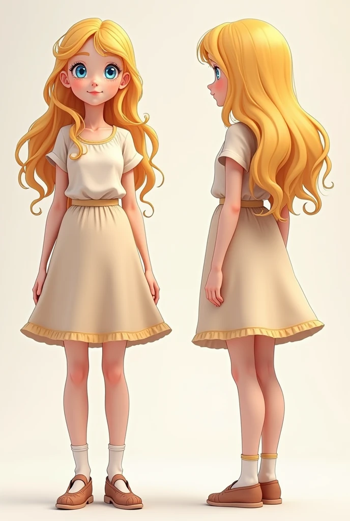 A girl character design from 3 angles (front, 3/4, side), blond hair
