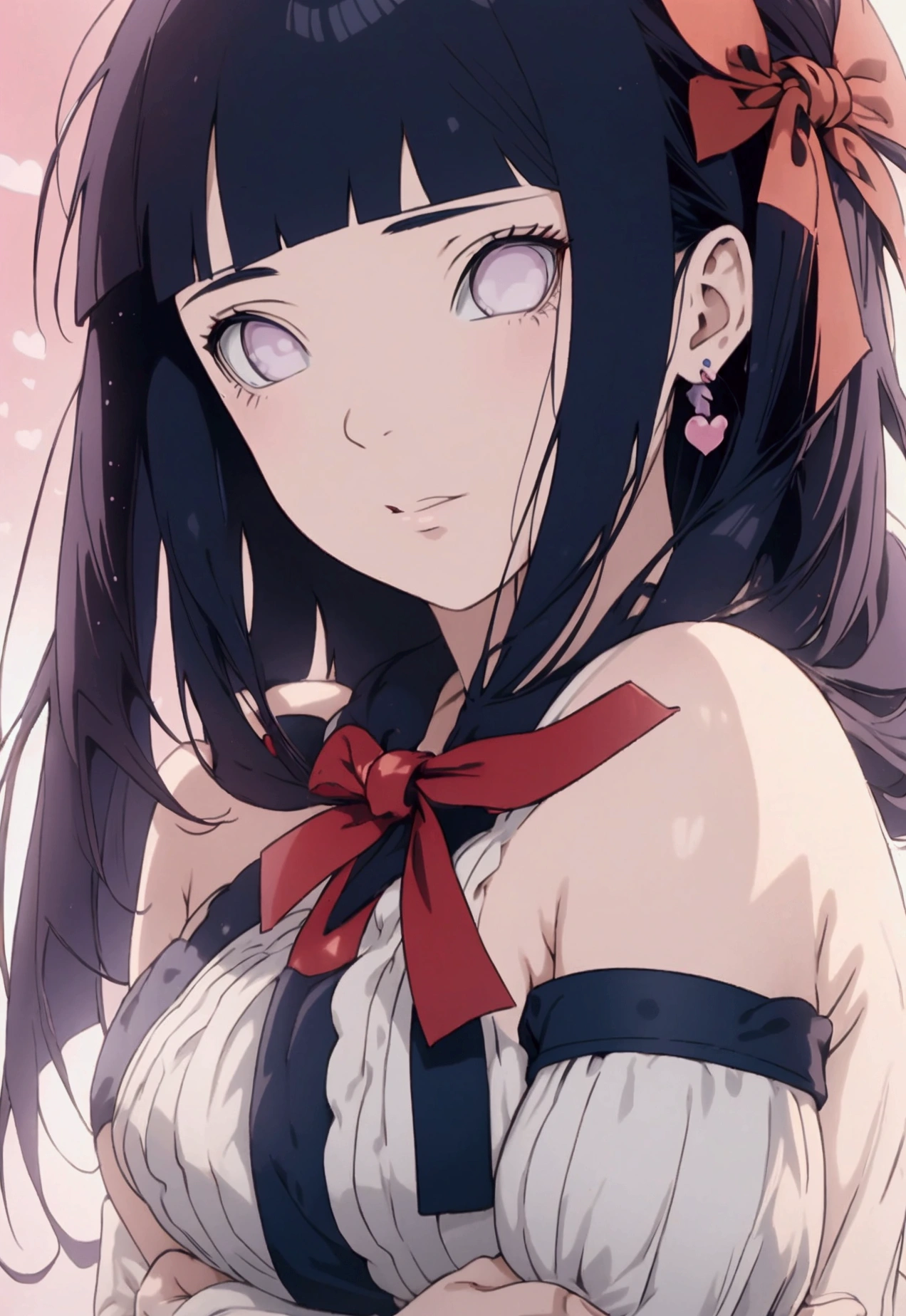 ((( hinata hyuga from Naruto)), valentine romantic scenario, (((tied in red ribbons ))), ((( valentine's day))), chocolates in her hand , half naked , on bed , photo session, dark blue hairs with bangs himecut , photosession , one mature women, covered breast with ribbons , Naruto plushies behind her , innocent face , blush ,proper body proportion, proper human body, human body structure 