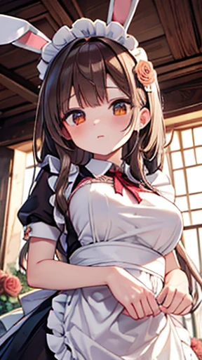 houshou marine,1girl,solo,Only the right eye is yellow,Super huge breasts,looking at viewer,Taken from the viewpoint above,upturned eyes,near,standing up,wooden cabin