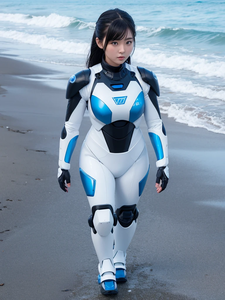 Japanese female android,Black Hair,White and blue robot suit,Plump,Walking along the beach in the evening,
