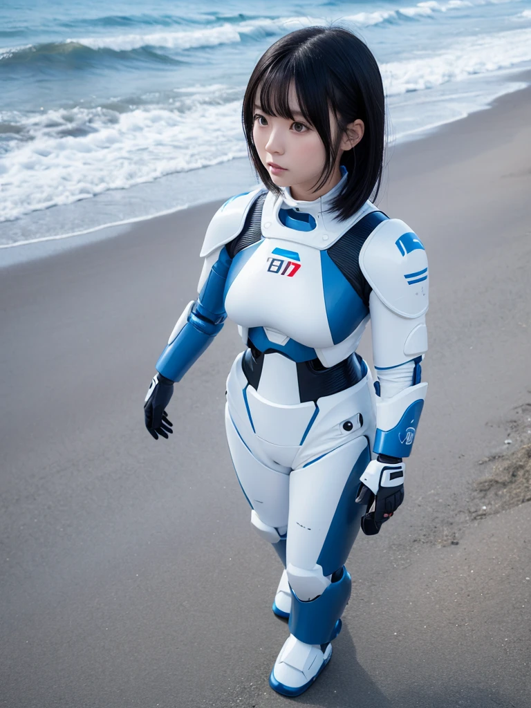 Japanese female android,Black Hair,White and blue robot suit,Plump,Walking along the beach in the evening,
