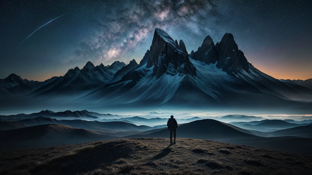 a lonely person standing in a galactic landscape, mysterious night sky, mountainous terrain, very tall mountains, person standing extremely far from the camera, magical dream scene, (best quality,4k,8k,highres,masterpiece:1.2),ultra-detailed,(realistic,photorealistic,photo-realistic:1.37),hyperrealistic, dramatic lighting, cinematic composition, moody atmosphere, ethereal, surreal, sci-fi, fantasy