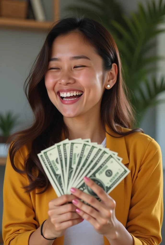 A woman happy to receive money、If you can make it with a video, please make it with a video.。