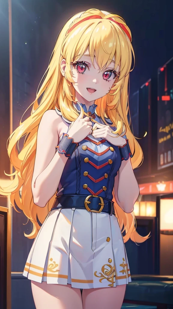 1 girl, blonde hair, red eyes, idol, smiling with open mouth, beautiful detailed eyes, beautiful detailed lips, extremely detailed eyes and face, long eyelashes, dynamic pose, cinematic lighting, vibrant colors, soft focus, digital art, highly detailed, photorealistic, masterpiece, award winning, (best quality,4k,8k,highres,masterpiece:1.2),ultra-detailed,(realistic,photorealistic,photo-realistic:1.37)