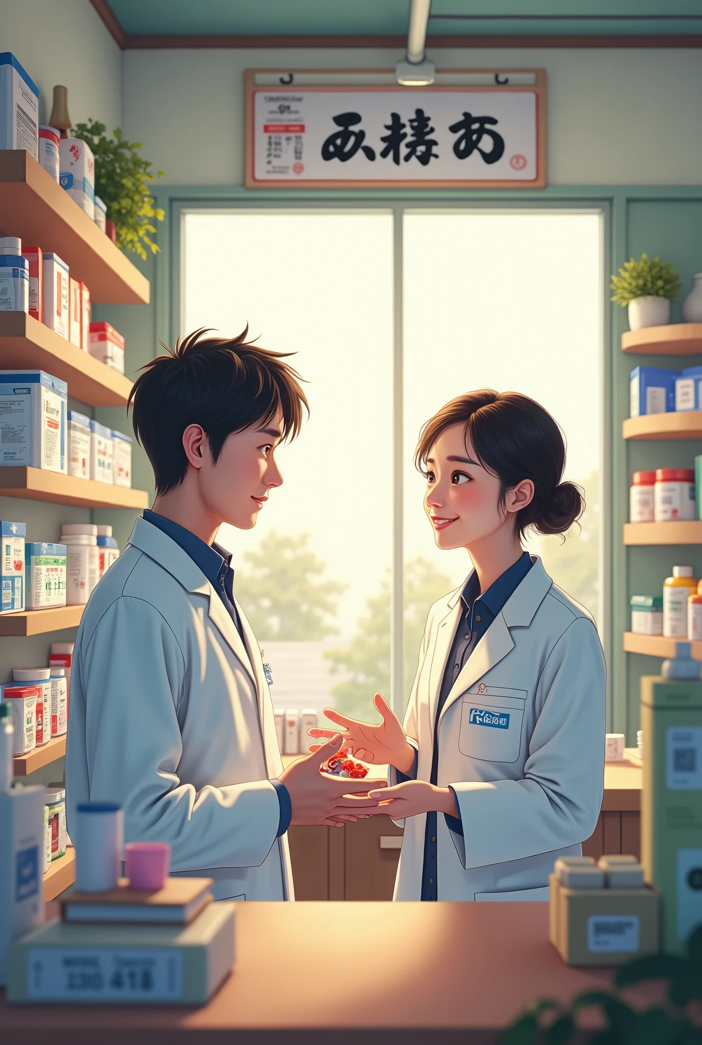 pharmacy Inside the store Pharmacist and customer smile medicine Japanese