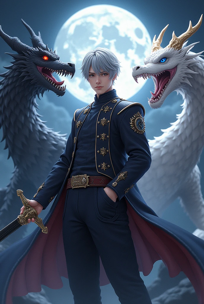 Short_silver_hair, hair_back_side, small_bangs_on the sides, 1young_man, really_sky_blue_eyes, beautiful_and_detailed_eyes, serious_face, dress, noble_uniform, holding_a_black_sword_with_golden_dragon_handle, bulky_body, left_hand_inside_pocket, black_pants, detailed_hands, with_real_like_dragons_black_dragon, fire_dragon, white_dragon, background_Moonlight, better_quality, HD_quality