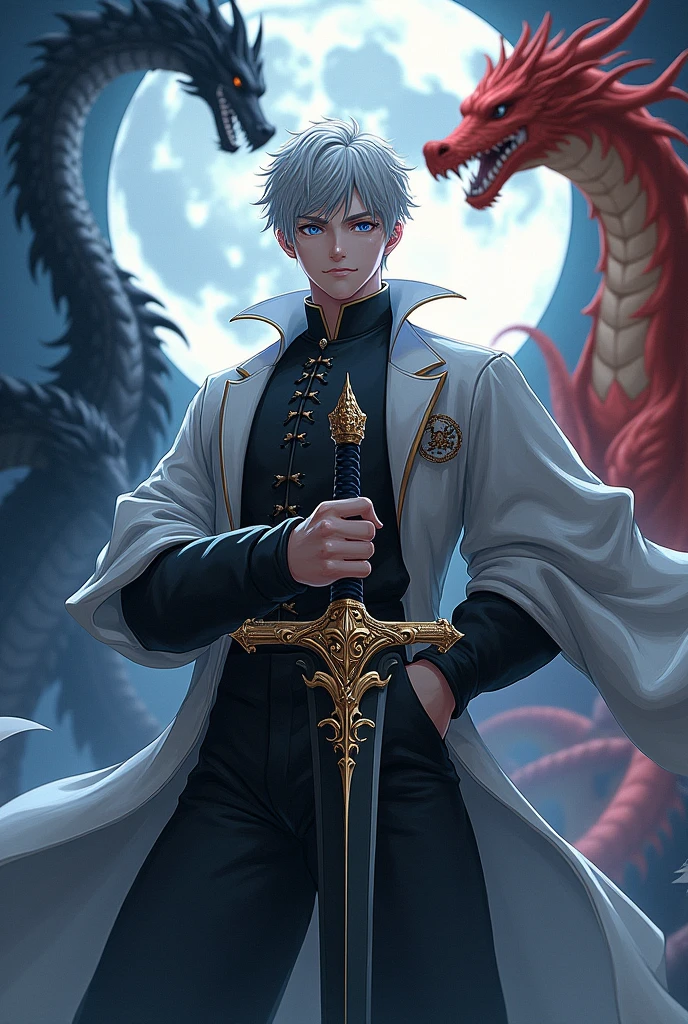 Short_silver_hair, hair_back_side, small_bangs_on the sides, 1young_man, really_sky_blue_eyes, beautiful_and_detailed_eyes, serious_face, dress, noble_uniform, holding_a_black_sword_with_golden_dragon_handle, bulky_body, left_hand_inside_pocket, black_pants, detailed_hands, with_real_like_dragons_black_dragon, fire_dragon, white_dragon, background_Moonlight, better_quality, HD_quality
