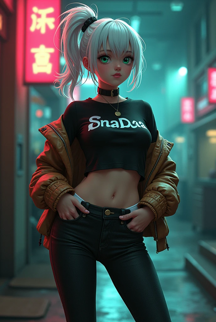 Kizi, pele caucasiana, 20 year, White hair, wearing black jeans, wearing black boots, White T-shirt and her name 'DEA' has written on that, with brown aviator jacket, greeneyes,curved body, cocked ass, boy, cyberpunk atmosphere, Raby, アニメ, sexy pose lowering pants showing white panties, ahegao.Smile,, Ponytail, 