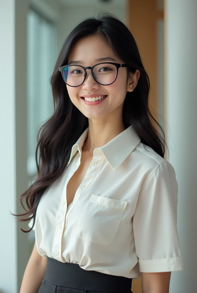 "Create an image of an 1 Asian woman, a teacher wearing glasses, with a cute face smiling. The image should be full-body, slightly revealing, youthful, and realistic."
