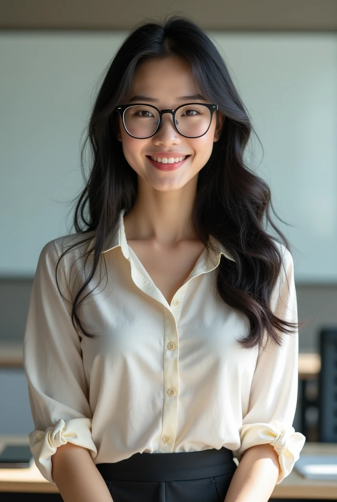 "Create an image of an 1 Asian woman, a teacher wearing glasses, with a cute face smiling. The image should be full-body, slightly revealing, youthful, and realistic."