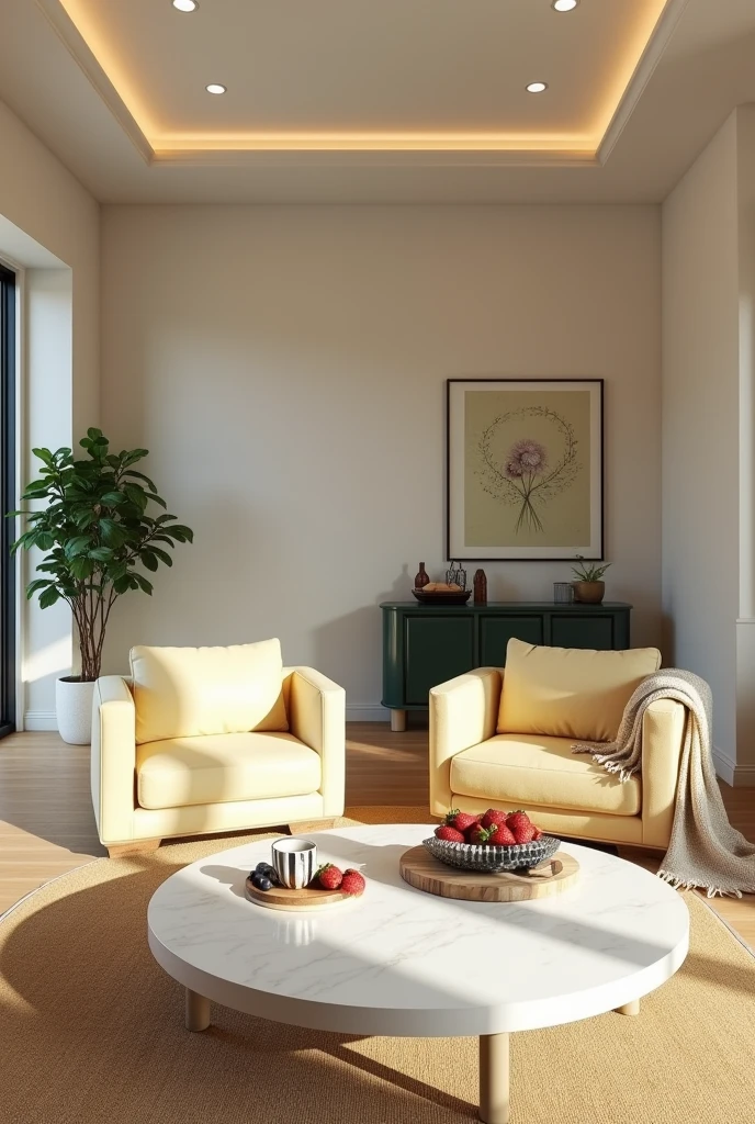 Professional 3d architecture rendering design of modern and minimal  relax room with  light lemon colour modern velvet  2 Florence sofa  and   Light cream blanket for sofa and white stone marble table  modern  and modern ceiling lighting and elegant ceiling lighting and   Dark green  consulate  and modern ceiling lighting and elegant wall painting  and elegant accessories and elegant green space and beautiful wall painting and modern windows and beautiful curtains and warm color for carpet and beautiful relax room and one dish of strawberry and blueberry and chocolate and cup of coffee on the table and garden view 