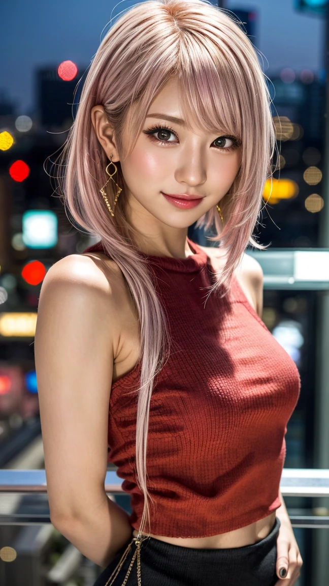 Highest quality, Tabletop, Ultra-high resolution, (Realistic:1.4), (Japanese Idols),RAW Photos, One Girl, night,Detailed skin,Blurred cityscape of South Korea,,Blonde, (Pink inner hair:1.3),Glossy Lips,smile,(Model pose:1.2),2,Beautiful and beautiful eyes,Diamond jewellery,Earrings,Gold Jewelry,Cold Light,Tight black knitwear,,(Strengthened upper arms:1.2),A well-trained body,Pixie Hair