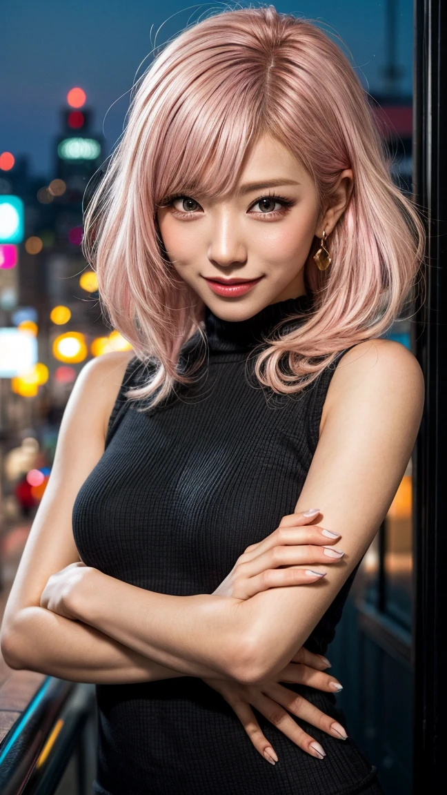 Highest quality, Tabletop, Ultra-high resolution, (Realistic:1.4), (Japanese Idols),RAW Photos, One Girl, night,Detailed skin,Blurred cityscape of South Korea,,Blonde, (Pink inner hair:1.3),Glossy Lips,smile,(Model pose:1.2),2,Beautiful and beautiful eyes,Diamond jewellery,Earrings,Gold Jewelry,Cold Light,Tight black knitwear,,(Strengthened upper arms:1.2),A well-trained body,Pixie Hair