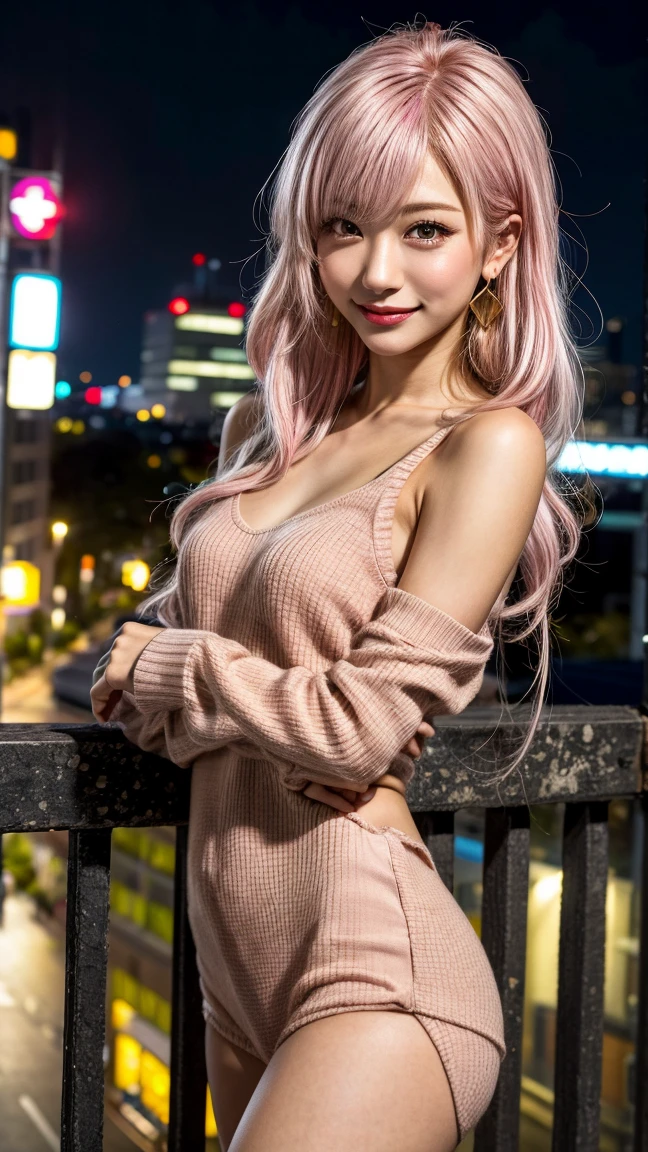 Highest quality, Tabletop, Ultra-high resolution, (Realistic:1.4), (Japanese Idols),RAW Photos, One Girl, night,Detailed skin,Blurred cityscape of South Korea,,Blonde, (Pink inner hair:1.3),Glossy Lips,smile,(Model pose:1.2),2,Beautiful and beautiful eyes,Diamond jewellery,Earrings,Gold Jewelry,Cold Light,Tight black knitwear,,(Strengthened upper arms:1.2),A well-trained body,Pixie Hair