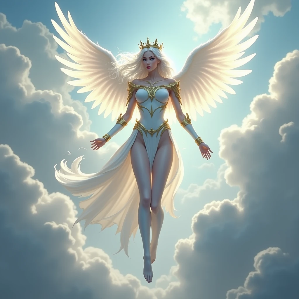A tall women with silver-white hair and calm grey eyes, she wore a crown her face tantalizing, with wings extended from her back, she looks like goddess that has descended from the heavens, her presence seems to illuminate the world, she Was clad in white and gold Armor, her wings were pure like she doesn't belong in the mortal worldMasterpiece, Anatomically Correct, Accurate, High Resolution, Best Quality, Detail, High Details, Quality, Super Detailed, UHD, She was descending from the sky with a slender figure and long legs which all just made her beauty even more mesmerizing, anyone who could see her would instantly fall in love with her beautiful faceAnatomically Correct, her armour was full bodies and her crown made her look like a queen of Heavenly Realm