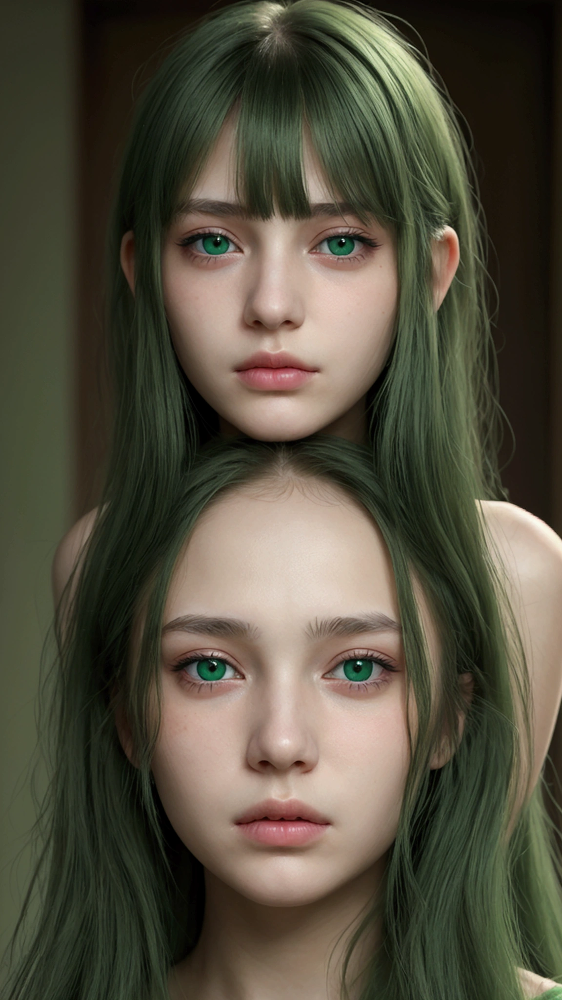 a girl. European. Extremely detailed face. Oval face. Delicate facial features. Half-closed eyes. Long straight hair. Messy hair. Bangs. Green hair. Green eyes. lewd expression. sad mood